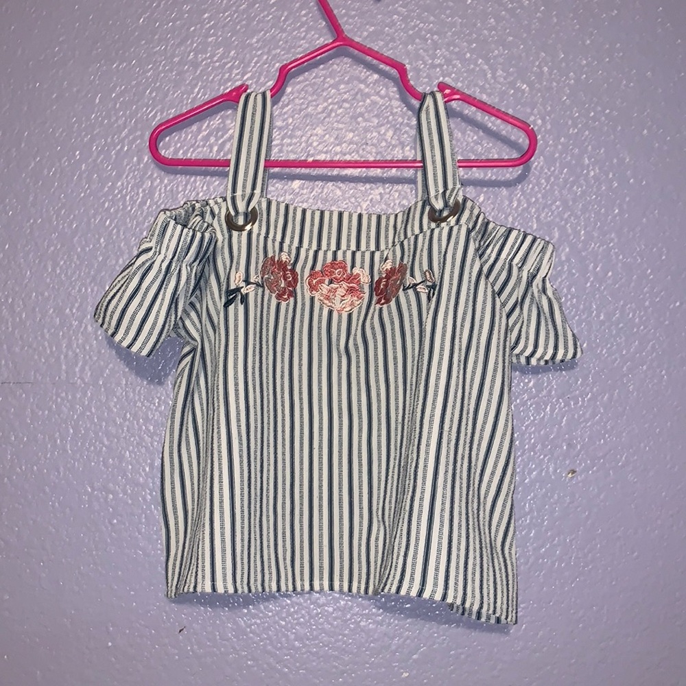 Satin Flowers white blue striped open shoulder embroidered floral crop top